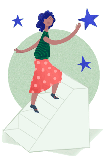 Ilustración de una persona que está subiendo unas escaleras hechas de papel