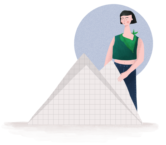 Ilustración de una mujer que está sujetando varias hojas de papel dobladas en forma triangular.