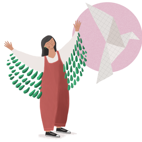 Ilustración de una mujer que está imitando a un ave de papel