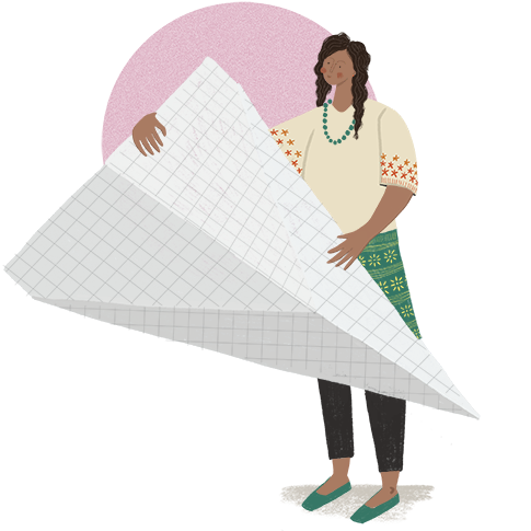 Ilustración de una mujer que está haciendo pliegues a una hoja de papel que tiene forma de un avión