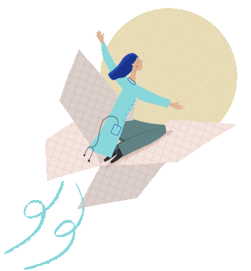 Ilustración de una persona que está sobre una mariposa hecha de papel. Da clic para redirigirte a la sección 'Información para el personal de salud'.