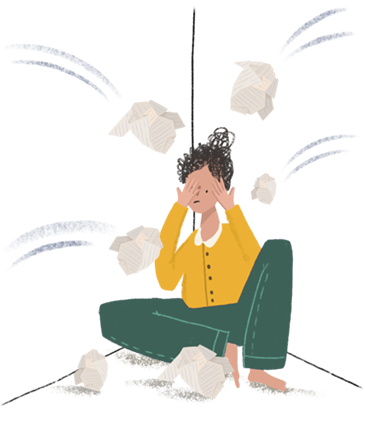 Ilustración de una mujer que está siendo atacada con bolas de papel