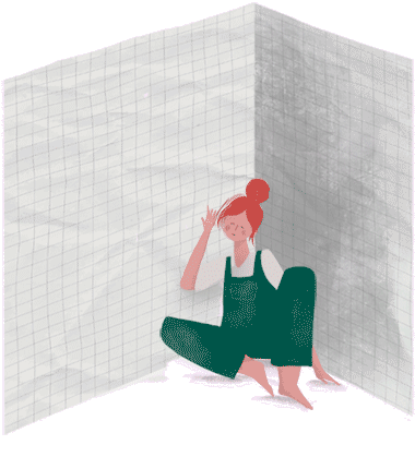 Ilustración de una mujer que está enmedio de una hoja de papel doblada, apartándose de bolas de papel que caen