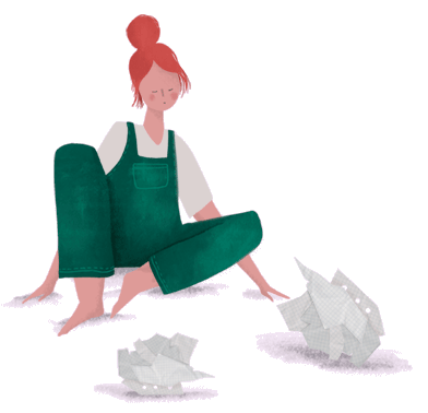 Ilustración de una mujer que está a un lado de dos hojas de papel arrugadas formando una bola