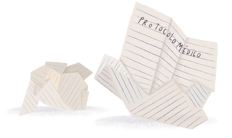Ilustración de una hoja de papel arrugada que tiene el texto "protocolo médico"